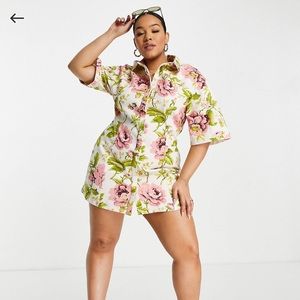 ASOS DESIGN Curve twill mini shirt dress in white base pink floral print